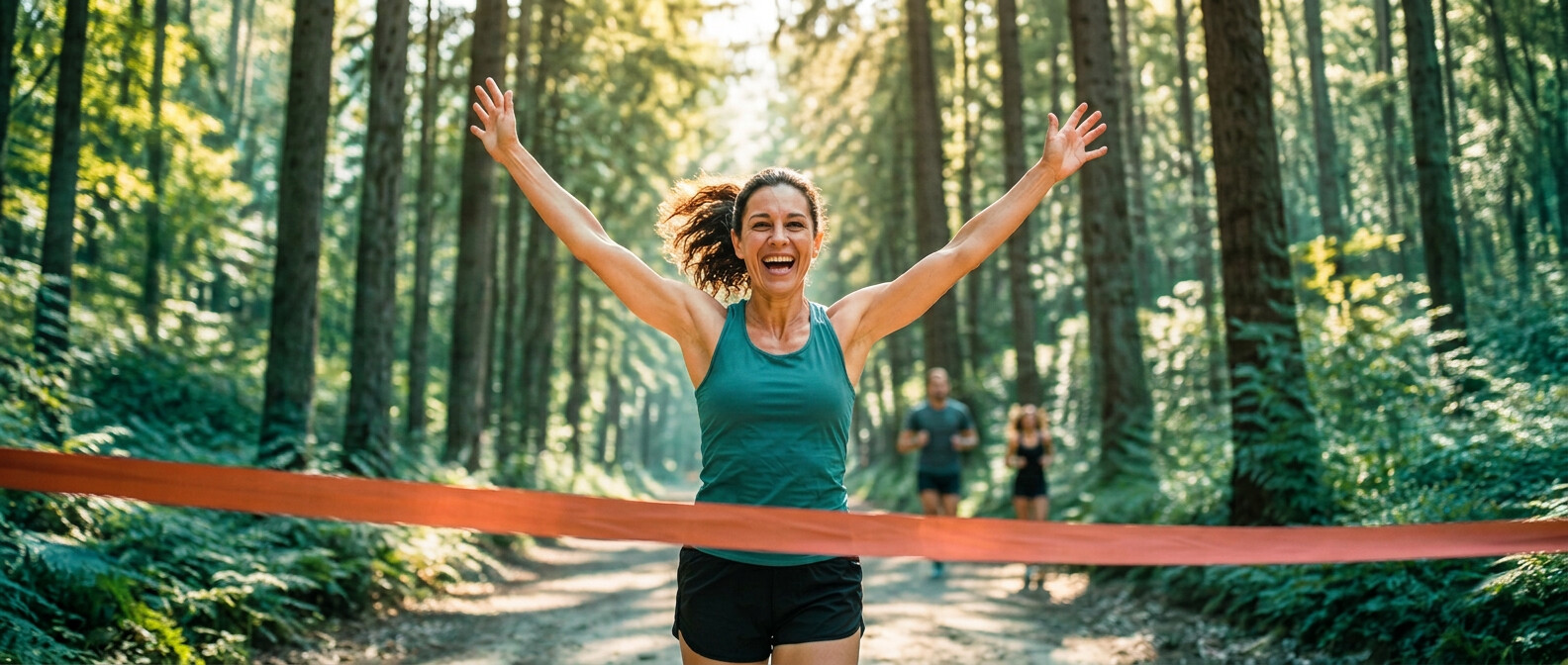 A runner facing the camera, arms raised in celebration, breaking the finishing tape