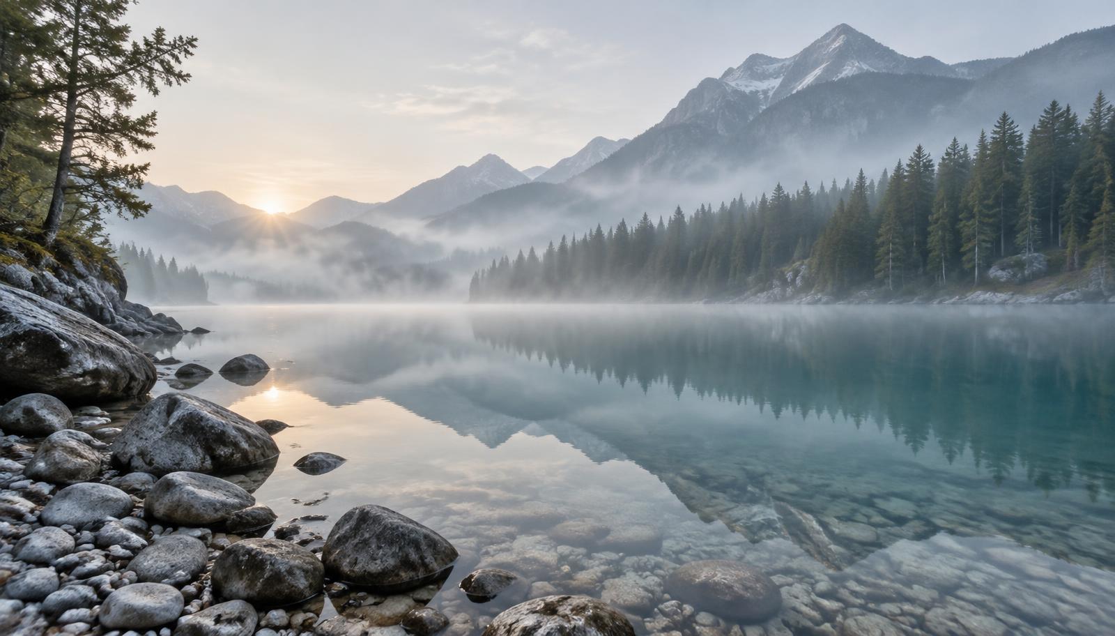 A calm mountain lake at first light, with mist over the far tree line